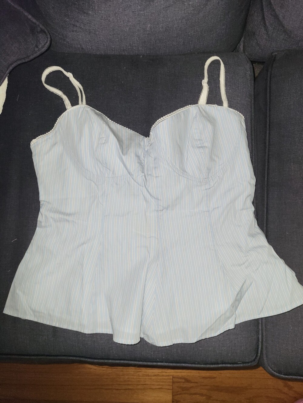 NWT Zara Blue White Corset Top Lace Trim Sweetheart Peplum Cotton Camisole Large